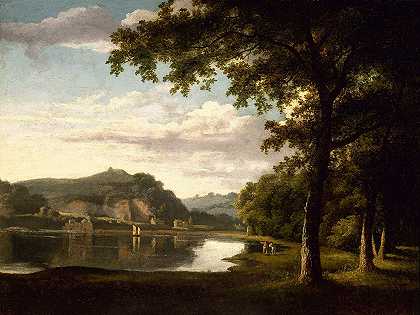 怀河景观。`Landscape with View on the River Wye. (circa 1772) by Thomas Jones