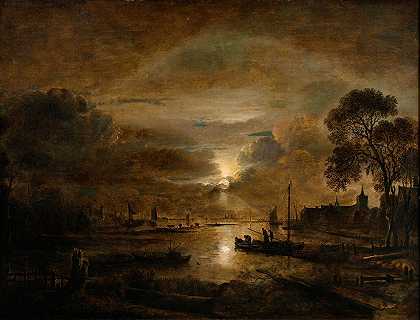 荷兰河畔的月光`Moonlight at a Dutch River by Aert van der Neer