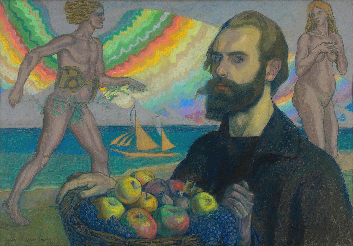 海洋背景下的果篮自画像`Autoportret z koszem owoców na tle morza (1918) by Jan Rembowski