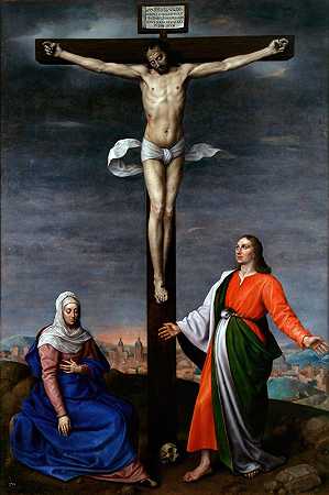 这部作品展示了耶稣基督与圣母玛利亚和传福音的圣约翰一起被钉在十字架上。`La obra muestra a Jesucristo crucificado junto a la Virgen María y San Juan Evangelista (1573) by Antonis Mor