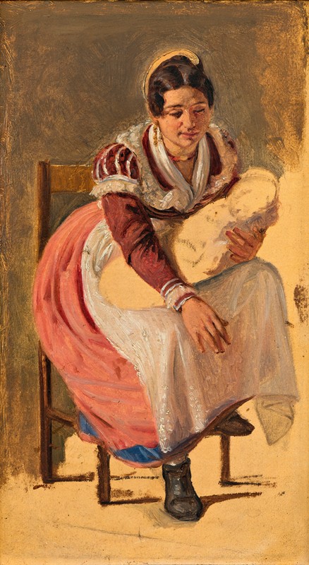 一个带着孩子的罗马女人。为罗马圣安东尼节日学习`Roman woman with a child. Study for The St. Anthony Feast Day in Rome (c. 1838) by Wilhelm Marstrand