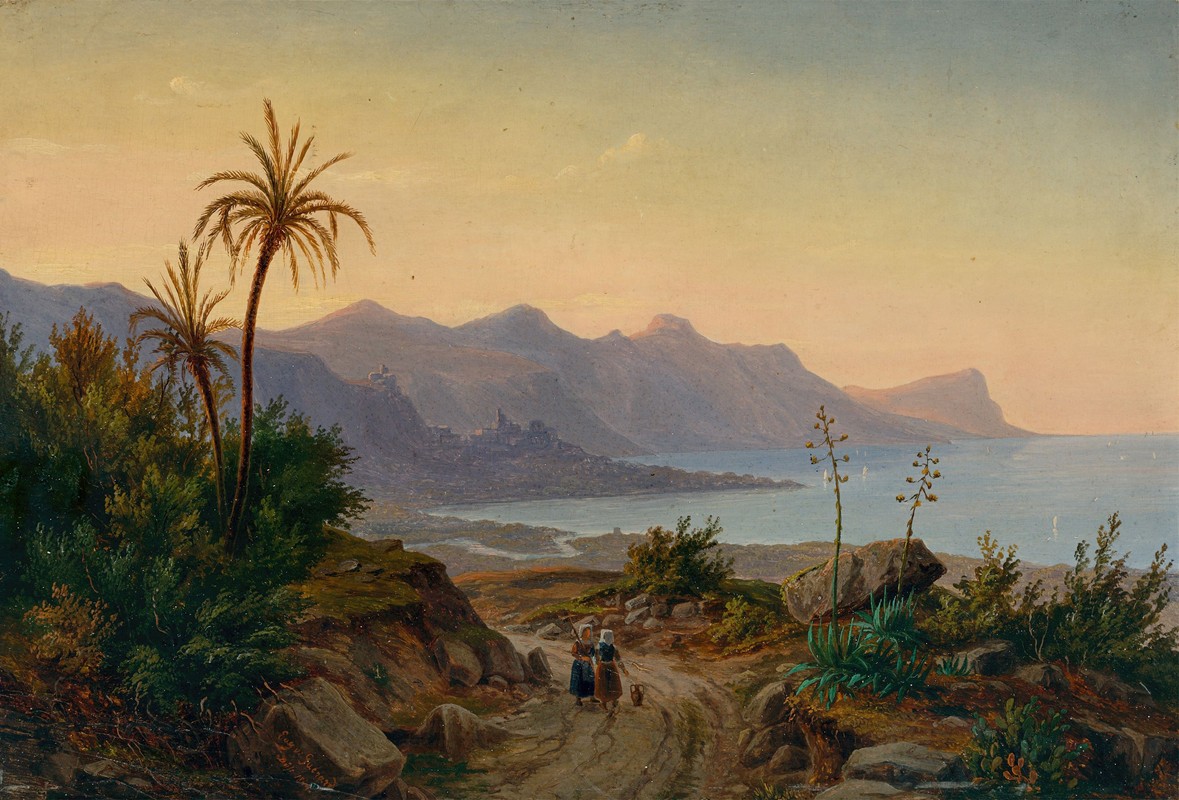 有棕榈树的南部海岸景观`Südliche Küstenlandschaft mit Palmen (1844) by Eugène von Guérard