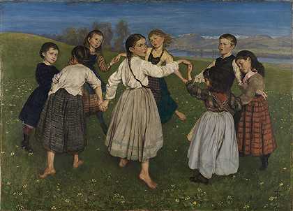 孩子们围成一圈跳舞`Children dancing in a Ring (1872) by Hans Thoma