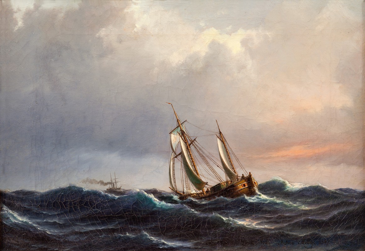 日落时公海中的船`A ship in high seas at sunset (1847) by Anton Melbye
