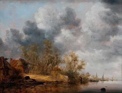 荷兰河岸`A Dutch Riverbank (1630~1635) by Salomon van Ruysdael