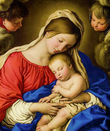 麦当娜和孩子，在云层中放着两个Putti`Madonna and Child, with two Putti among Clouds by Sassoferrato