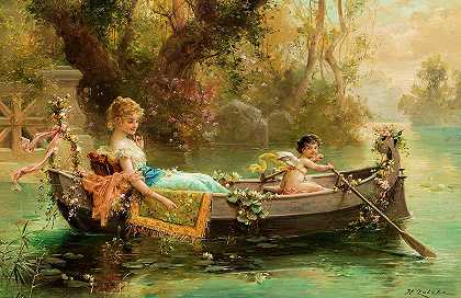 船上的女士和小天使`Lady and a Cherub in a Boat by Hans Zatzka
