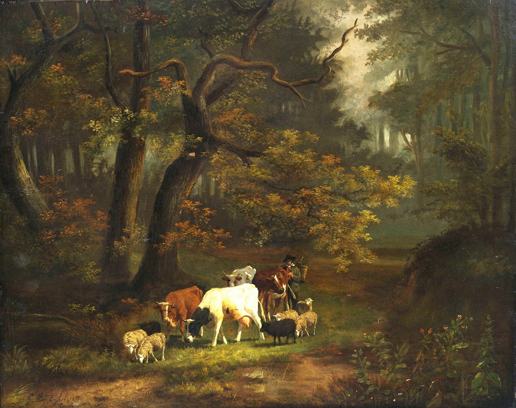 森林屋内有一小群牛羊`Waldinneres mit kleiner Kuh~ und Schafherde (1871) by Cornelis Johannes de Vogel