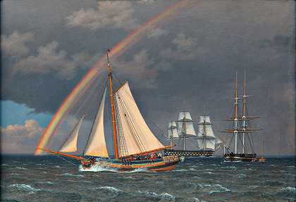 海上彩虹和与其他船只的交叉狩猎`Rainbow at Sea and a Crossing Hunt with other Ships (1836) by Christoffer Wilhelm Eckersberg