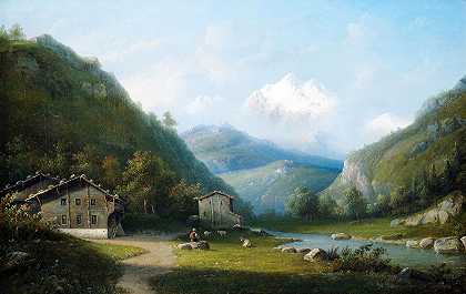 可以看到勃朗峰山体的山河景观`Flusslandschaft im Gebirge mit Blick auf das Mont~Blanc~Massiv by Jacobus Hendricus Johannes Noteboom
