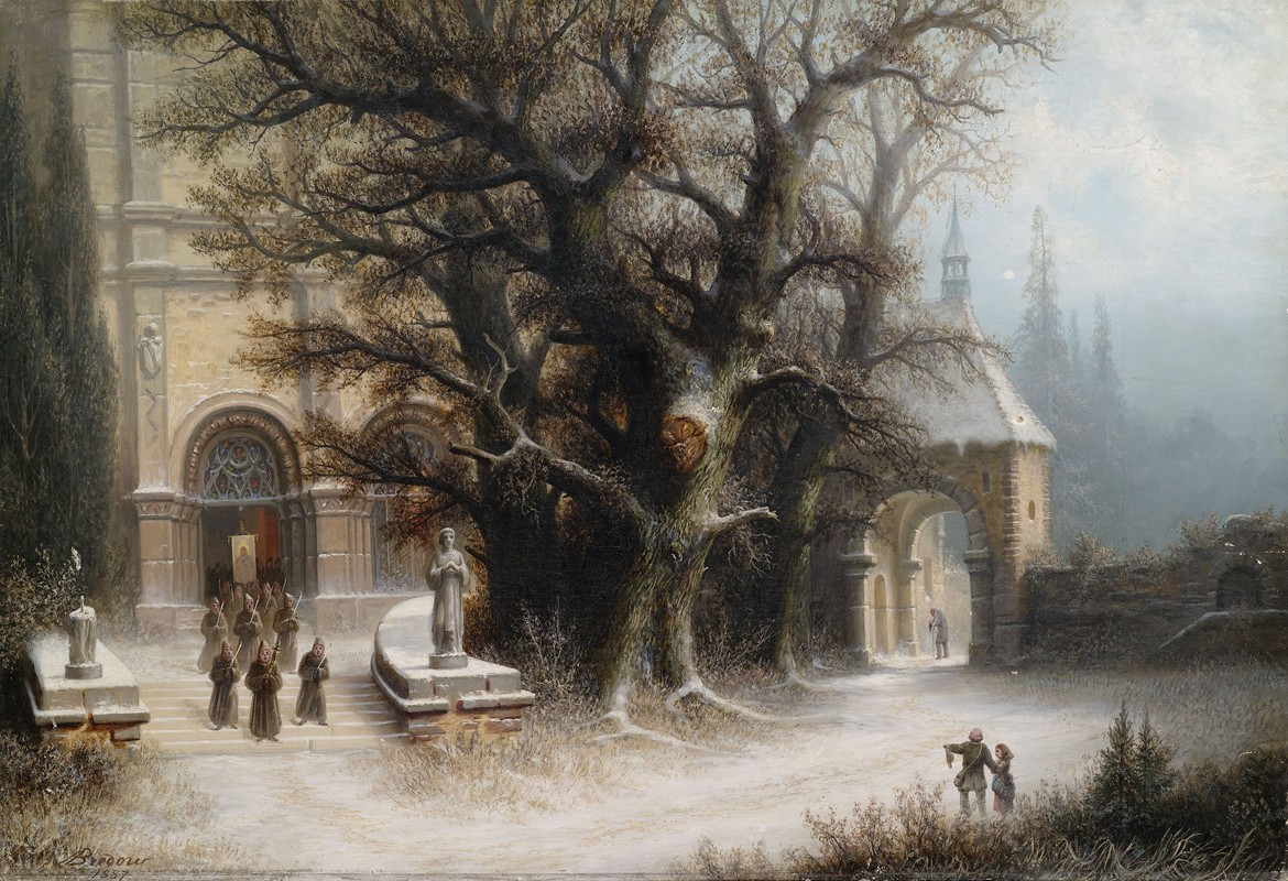 雪山修道院的游行队伍`Procession at a Snowy Monastery (1887) by Albert Bredow