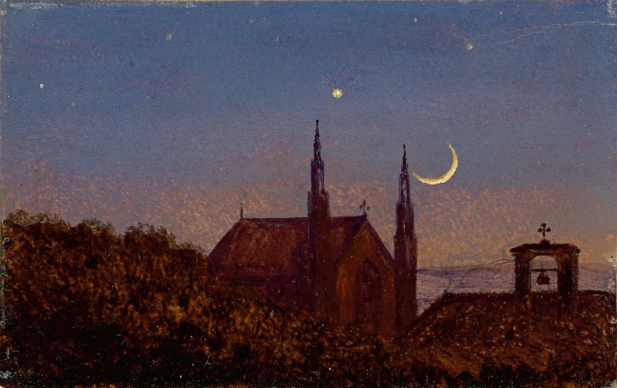 月光下树梢上的哥特式教堂（带小教堂的小月光景观）`Gotische Kirche über Baumwipfeln bei Mondenschein (Kleine Mondscheinlandschaft mit Kirchlein) (circa 1840) by Carl Gustav Carus