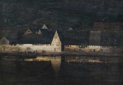 黄昏（马克特布雷特美因）`Abenddämmerung (Marktbreit am Main) (1898) by Paul Wilhelm Keller-Reutlingen