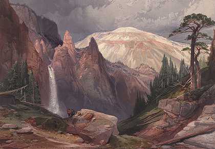 塔瀑布和硫磺山，黄石公园`Tower Falls and Sulphur Mountain, Yellowstone (1875) by Thomas Moran