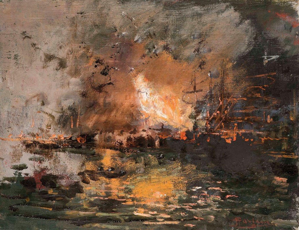 港口失火的船`Boat on fire in a harbour by Pompeo Mariani