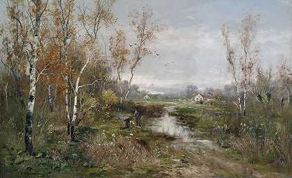 白桦林中的秋天荒野`Herbstliche Moorlandschaft an einem Birkenhain (by 1916) by Adolf Kaufmann
