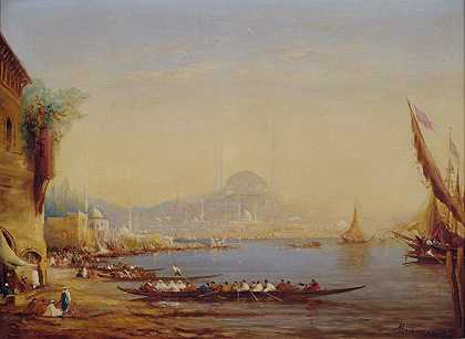 伊斯坦布尔。港口景色`Istanbul. Ansicht des Hafens by Alfred August Felix Bachmann