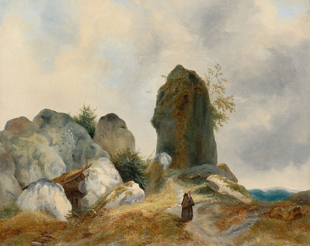 隐居在岩石景观中`Hermit in a rocky landscape by Carl Blechen