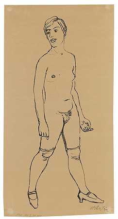 第三幕（穿着长袜的裸体女性站立），1928年。` by Hermann Max Pechstein