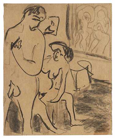 1908年，在工作室里为夫妇洗澡。 by Ernst Ludwig Kirchner