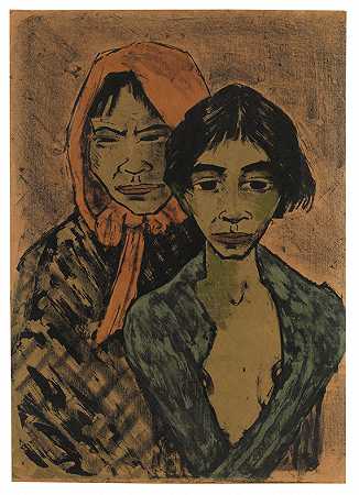 两个吉普赛人（吉普赛人的母亲和女儿），1926年。 by Otto Mueller