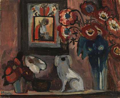 1933年的《带背玻璃图像和陶瓷狗的静物画》。 by Gabriele Münter
