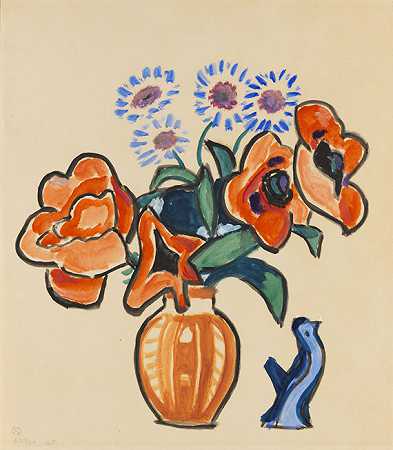 《鸟与花的静物》（罂粟花与鸟与雪花），1954年。 by Gabriele Münter