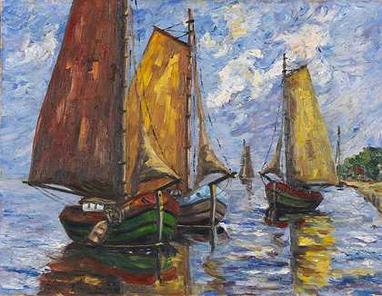 四艘帆船，1947年。 by Heinrich Pechstein