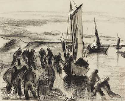 1930年，波美拉尼亚卢波河口的渔民们带着小船。 by Hermann Max Pechstein