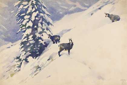 雪中的羚羊，1925年。 by Ludwig Hohlwein
