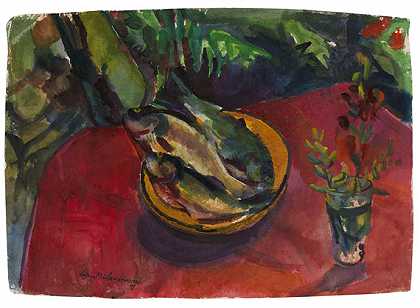 1992年，花园里红色桌布上的鳟鱼。 by Bruno Müller-Linow