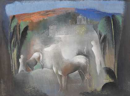 梦境（第二号灯光中的马和人物），可能是1940年代。 by Béla Kádár