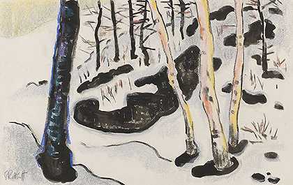 雪中的桦树树干，1940年初。 by Karl Schmidt-Rottluff