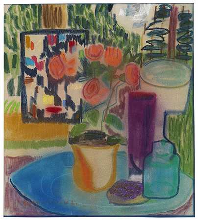 1950/60年左右，带花棒和花瓶的静物画。 by Ida Kerkovius