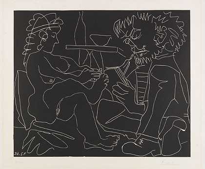画家和他的裸体模特戴着帽子，1965年。 by Pablo Picasso