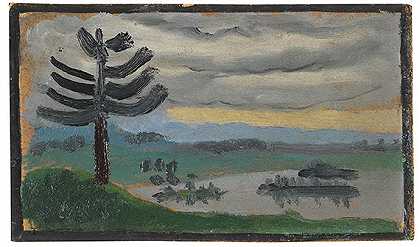 1909年左右，穆尔诺附近的风景（湖边的傍晚）。 by Gabriele Münter