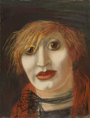 洛娜（戴红围巾的女人的头），1926年。 by Karl Hubbuch