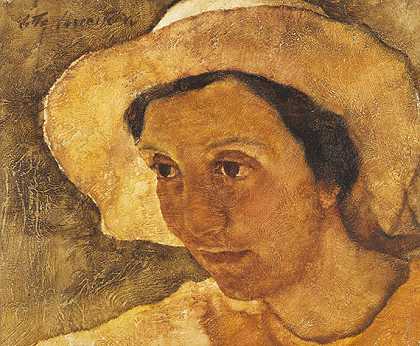 1929年左右，戴着浅色夏帽的女人（托尼）。 by Lotte Laserstein