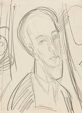 雨果·比亚洛万的肖像，Um 1914/15。 by Ernst Ludwig Kirchner