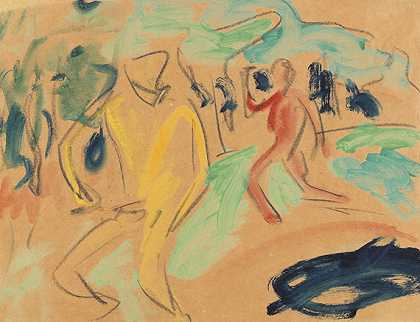 1910年左右的游泳者（动态人物）。 by Ernst Ludwig Kirchner
