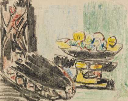 《雕刻椅旁的静物》，1909年。 by Ernst Ludwig Kirchner