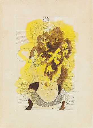 《花的静物》，1955年。 by Georges Braque