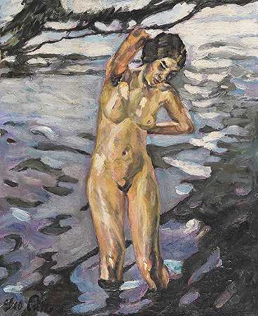 沐浴，女性裸体站立，1914年。 by Leo Putz
