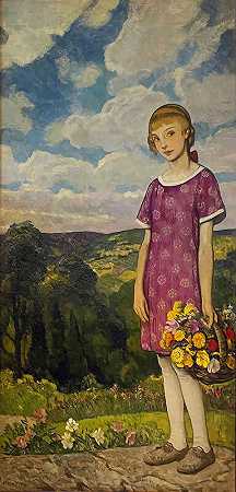 金发碧眼的女孩，带着花篮，1912年 by Francis Luis Mora