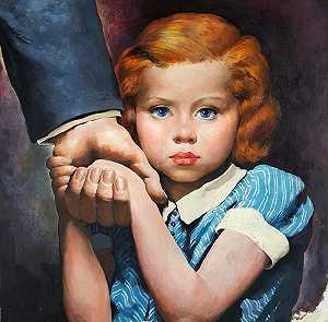 年轻女孩牵着父亲的手，杂志插图，约1940年代 by Robert Riggs