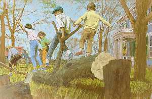 伐木工人——孩子们在倒下的树上玩耍——周六晚邮报？，1963 by Joe Bowler