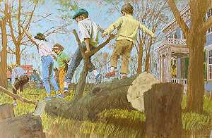 伐木工人——孩子们在倒下的树上玩耍——周六晚邮报？，1963 by Joseph Bowler