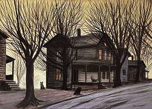 1941年冬天日落时，木屋前的狗 by Stevan Dohanos