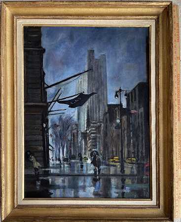 纽约市雨夜街景，约1950年 by Bernard Lamotte