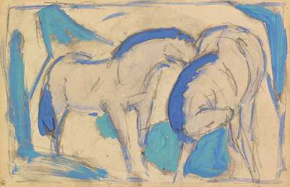两匹马，蓝绿色，1911年。 by Franz Marc